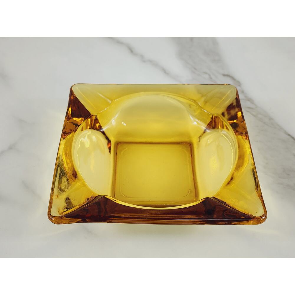 Mid Century Ashtray Square Amber Glass 4 3/4" Yellow Glass Art 70's Home Decor